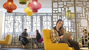 University students relaxing in a social space on campus
