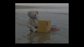 Film still of teddy bear reading book on shoreline