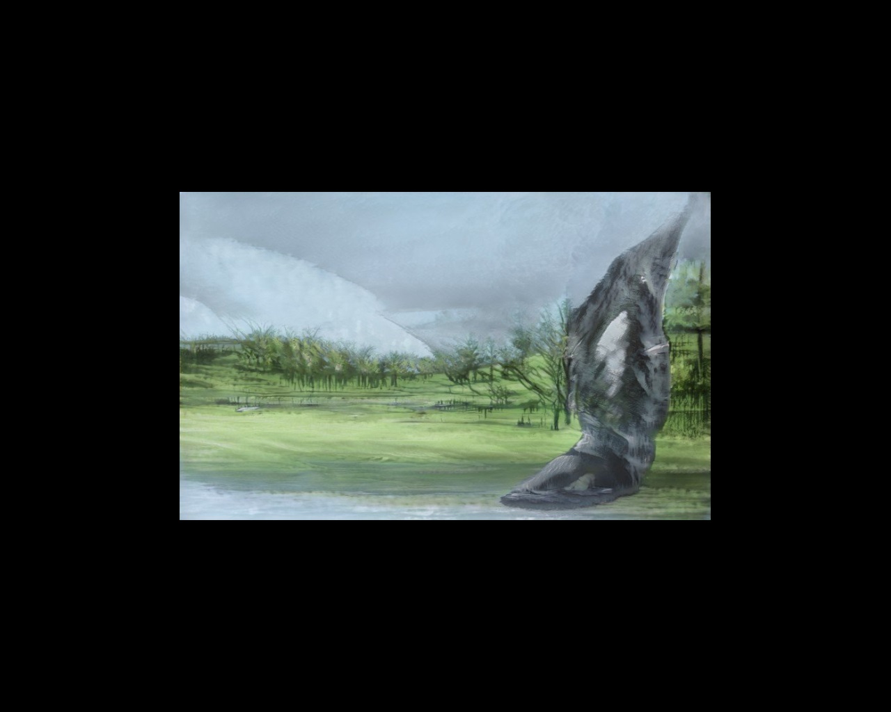 Illustration of country scene with grey cocoon-like creature