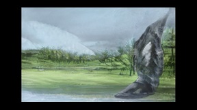 Illustration of country scene with grey cocoon-like creature