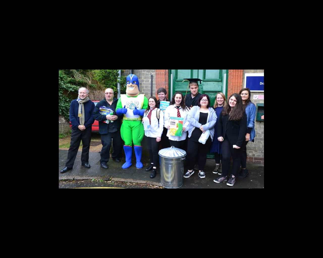 Student actors and crew from the Anglia Ruskin Comunity Theatre project 'Michael Recycles' with Director Matthew Townshend