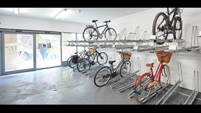 Bicycles stored in an inside bike rack
