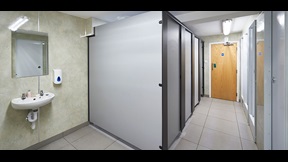 Shower room with basin and four shower cubicles